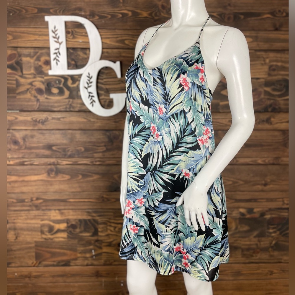 Alya | Tropical Floral Leaf Print Mini Dress Open Strappy Backsideโ V-Neck Satin